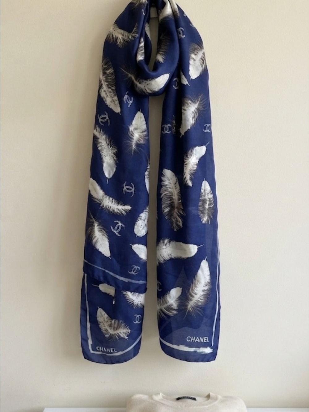 CHANEL Navy Silk Scarf with White Feather & CC Motif